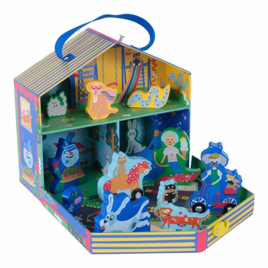 Floss&Rock® Prenosna igralna škatla z lesenimi figuricami Playbox Pets (12 kosov)