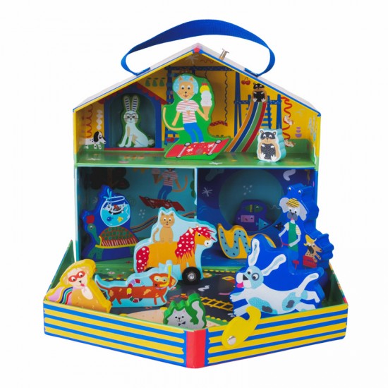 Floss&Rock® Prenosna igralna škatla z lesenimi figuricami Playbox Pets (12 kosov)